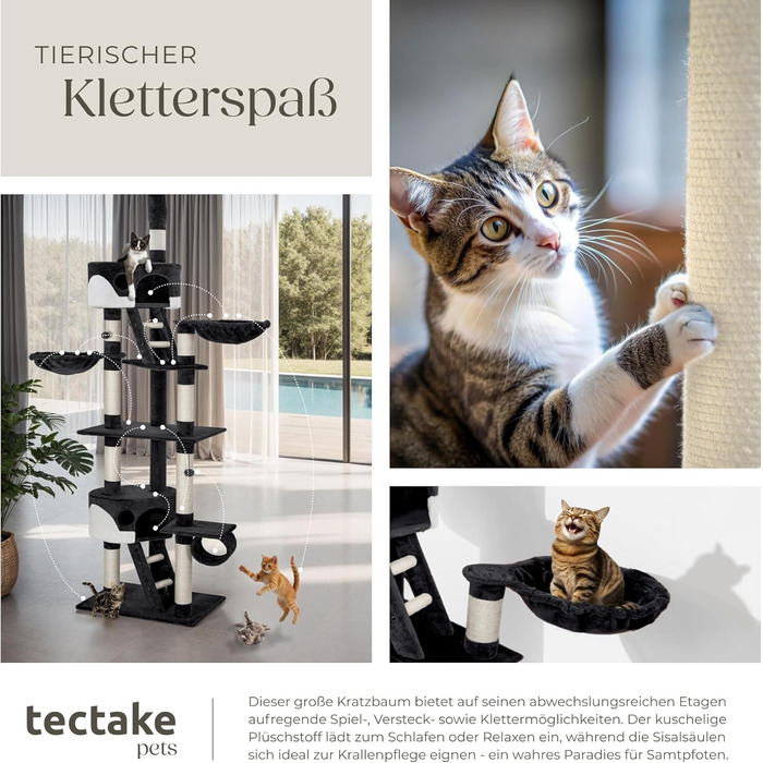 Дерево для котів Tectake – комплексна когтеточка XXL, 243-260 см, з ліжком, тунелем та сходами, сіза (чорно-біла)