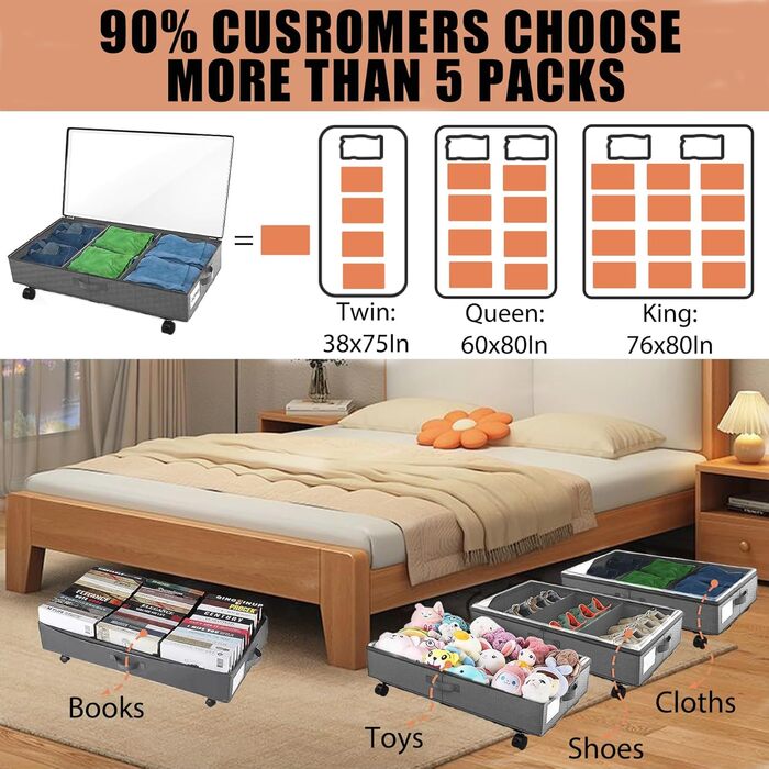 Короб для зберігання під ліжком 49л, 2 шт. з кришкою та роликами, сірий