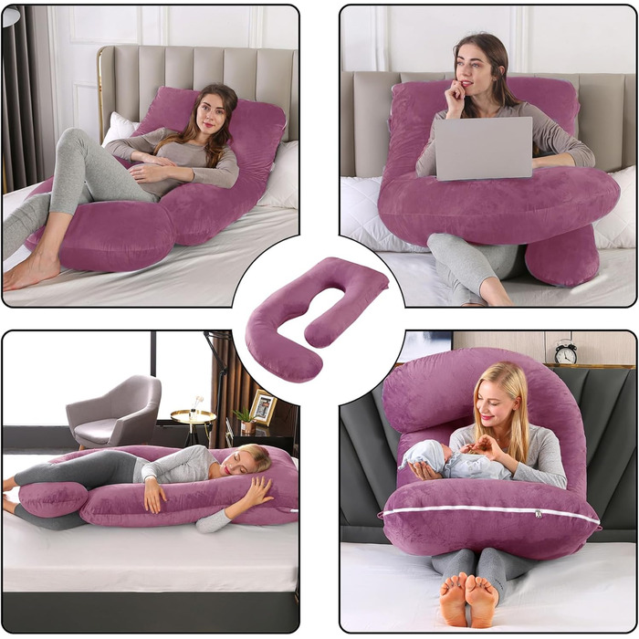 Подушка для вагітних CALIYO J-подібної форми, подушка для годування XXL, бічне положення, 180x70 см, бавовняна підкладка (фіолетовий)