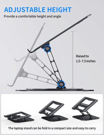 Adjustable Laptop Stand with 360° Swivel Base - Stable Ergonomic Foldable Laptop Riser for Desk - Compatible with MacBook Pro/Air & Notebooks up to 16 inches (A-Black)