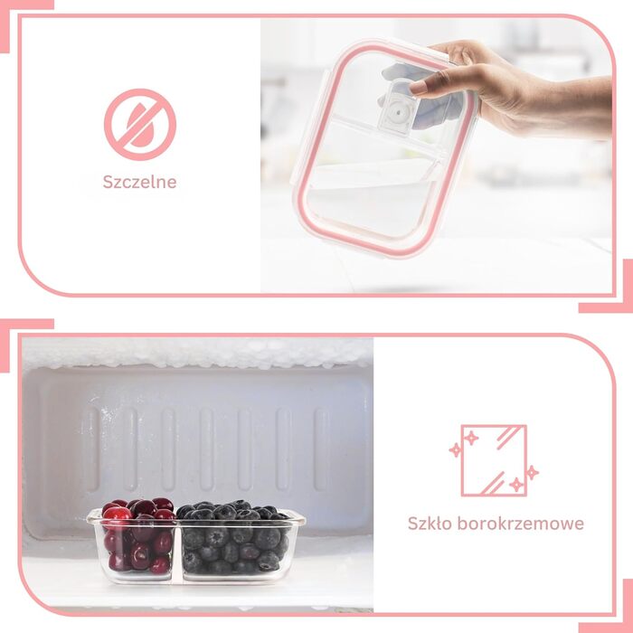 Контейнери для їжі Winter Shore скляні з 2 відділеннями (5 шт) - BPA-free, герметичні, для мікрохвильовки та морозилки (рожеві)