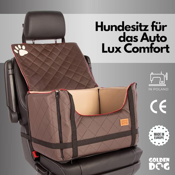 Автомобільний лежак для собак Golden Dog - безпечний транспортувальний бокс з ременями безпеки, 52x44x33 см, коричневий, з водонепроникної шкіри