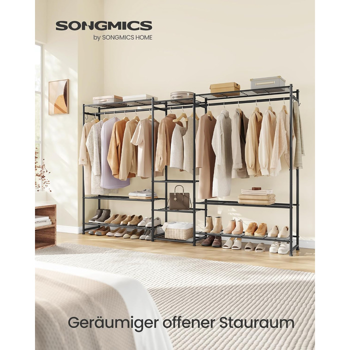 SONGMICS Стійка для одягу, відкритий шафа, вішалка для одягу з 10 полицями, 3 перекладинами, 4 гачками, металевий каркас, для спальні, вітальні, передпокою, чорний LGR011BZ01 206,4B см