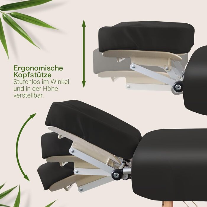 Масажне ліжко MASSUNDA Mobile Comfort Deluxe – розкладне, регульоване по висоті, широке, з дерев'яним каркасом, ергономічною підголівником, покриттям, підлокітниками та подушкою (Чорний)