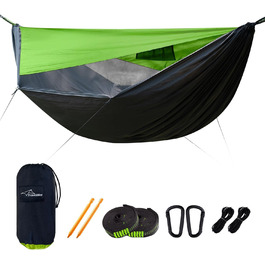 Гамак для кемпінгу з москітною сіткою та стропом, великий на 2 особи, 290 x 140 см, швидко розкладається, ультралегкий, армійний/зелений колір