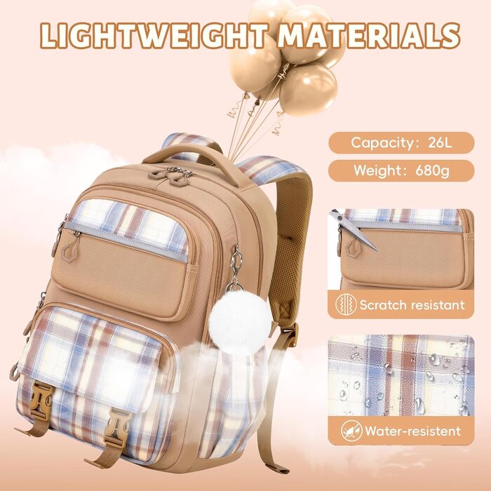 Шкільний рюкзак Tanou для дівчаток, ергономічний, великий, модний в клітинку, для підлітків, для подорожей (коричневий)