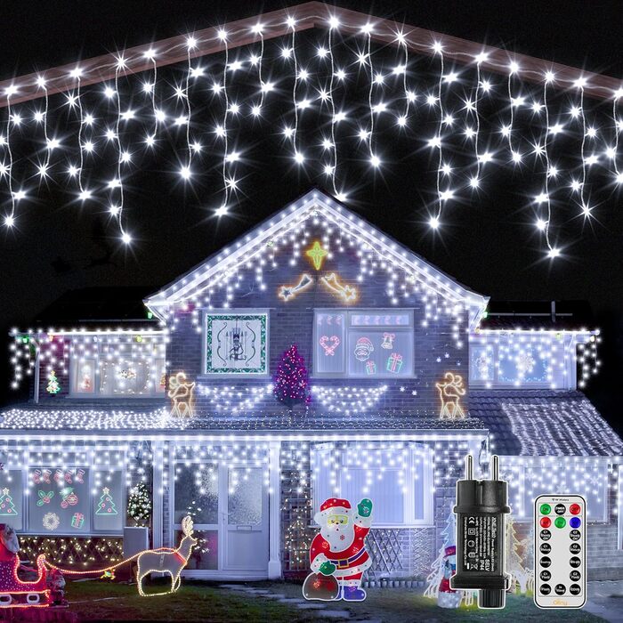 Ланцюжок прикрас з LED-підсвічуванням Ollny Eisregen 15м, 600 LED, для зовнішнього використання, з пультом, водонепроникний, 8 режимів, тепле біле світло, для балкона, даху, вікна, дому, ковадла