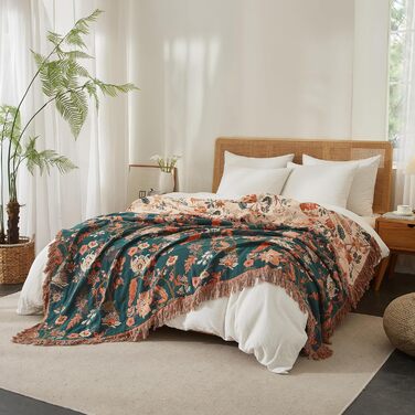 SE SOFTEXLY Boho плед з 100% бавовни – двосторонній мусліновий плед 150x200 см, м'який плед на диван та ковдра на ліжко, естетичний дизайн, ідеальний для вітальні та спальні, Orange/Grün Blütentraum (230 x 250 cm, Blütentraum)