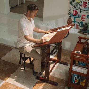 MEEDEN Vintage Wooden Art Drafting Table - Adjustable Height Drawing Desk for Artists, Crafting, Reading & Writing