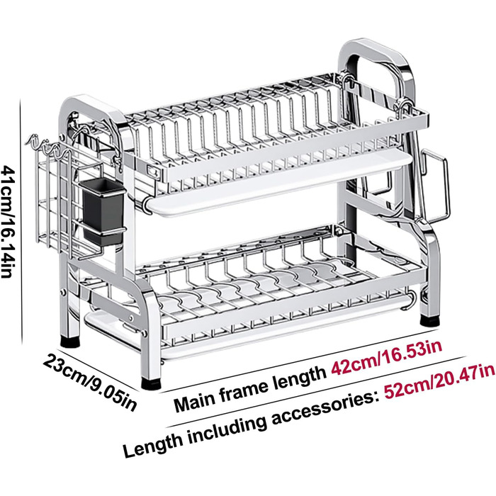 Сушарка для посуду Devesanter 2 яруси, 42 см, багатофункціональна, з піддоном, для ножів та обробної дошки (срібна)