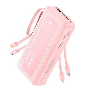 Повербанк 27000mAh з 4 вбудованими кабелями, 30W Power Bank USB-C швидка зарядка з LED-дисплеєм для iPhone, Samsung, iPad та Android, рожевий