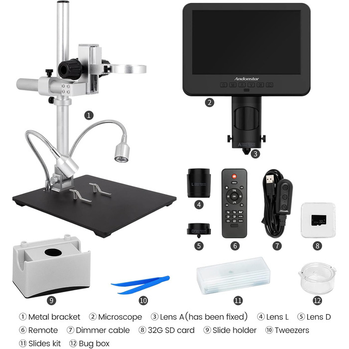 Цифровий мікроскоп Andonstar AD246S-M з 7-дюймовим екраном, 2000x, 3 об'єктиви, 2160P UHD відеозапис, 32GB карта пам'яті