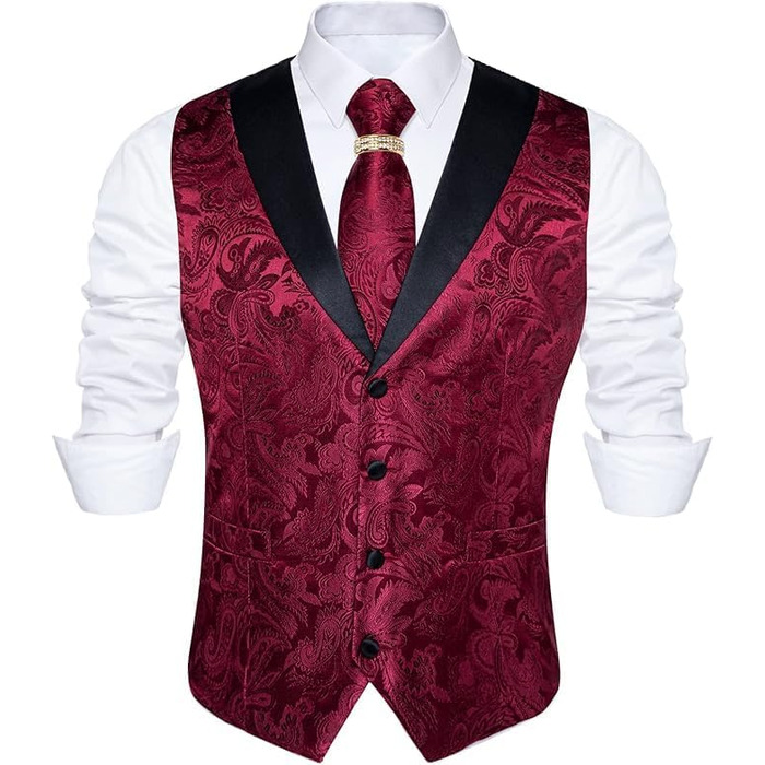 Костюмний жилет DiBanGu (5 шт.): жилет, краватка, нагрудна хустинка, запонки, кільце для краватки. Зелений/Чорний (L, Бордовий)