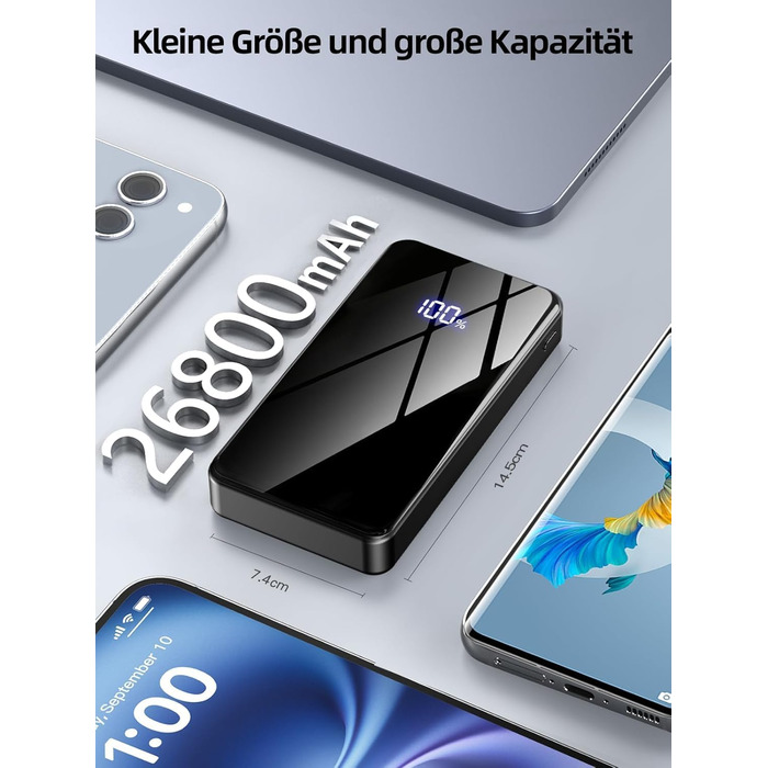 Power Bank 26800mAh з швидкою зарядкою 22.5W USB-C PD3.0 та QC4.0, LED дисплеєм, сірий колір. Сумісний з iPhone, Galaxy. Для подорожей та кемпінгу