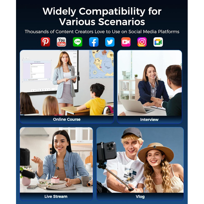 Мікрофон-петличка Aceele бездротовий для iPhone/Android/планшетів/ПК, Hi-Fi звук, шумозаглушення, 24 години роботи, радіус дії 50м, мініатюрний мікрофон для відео/стрімінгу/влогів/подкастів/інтерв'ю з кейсом для зарядки