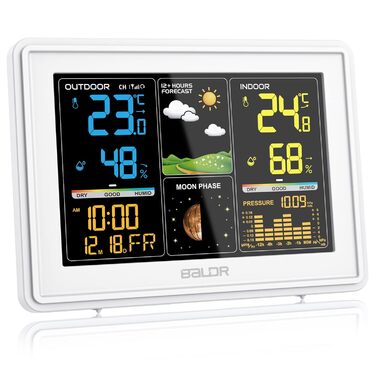 BALDR Weather Station Radio with Outdoor Sensor, Digital Color Display DCF Radio Clock Indoor and Outdoor Thermometer Hygrometer, Radio Weather Station with Weather Forecast, Barometer and Moon Phase, Power Adapter White - with white sensor