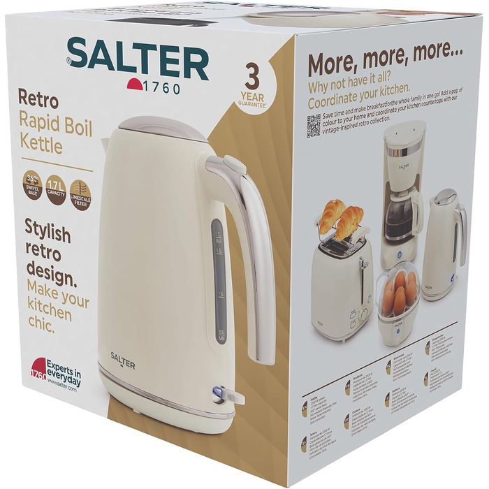 Електричний чайник Salter Retro Cream 1.7L з ретро-дизайном, 2.2 кВт, 360° обертання, фільтр від накипу, бездротовий, індикатор рівня води, захист від сухого кипіння, автоматичне вимкнення, кремовий колір