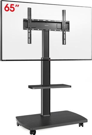 AOKCOS Rolling TV Stand with Wood Shelf - Adjustable Height & Swivel - Fits 32-65 inch TVs (up to 40kg, VESA 400x400mm)