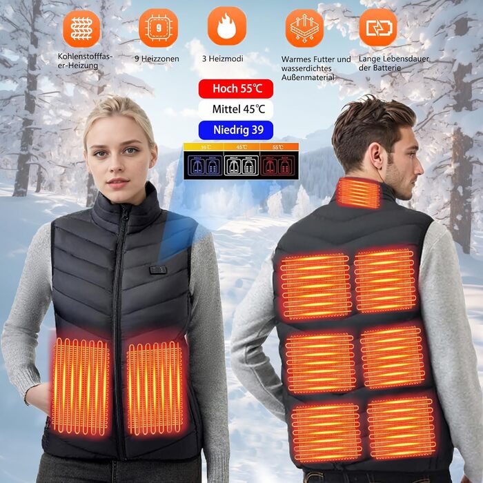 Обогревна жилетка для чоловіків та жінок з Powerbank, 9 зон нагріву, 3 режими температури, 20000mAh, для активного відпочинку, походів та катання на лижах