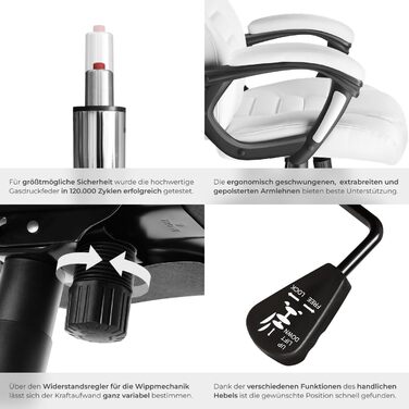 Офісний крісло tectake® з регулюванням висоти, обертання, підлокітники, функція гойдання, штучна шкіра, 12 см м'якість - білий колір