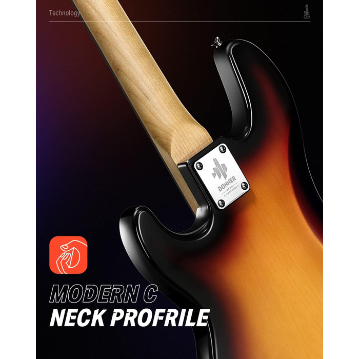 Бас-гітара Donner E для початківців, 4-струнна P-стиль, повний розмір, з сумкою, ременем та кабелем (sunburst)