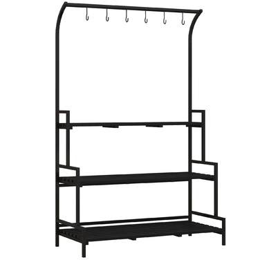 Outsunny 3-Tier Plant Stand Flower Stand with 6 Hooks, Black Steel Plant Ladder, 110x50x170cm for Garden and Balcony
