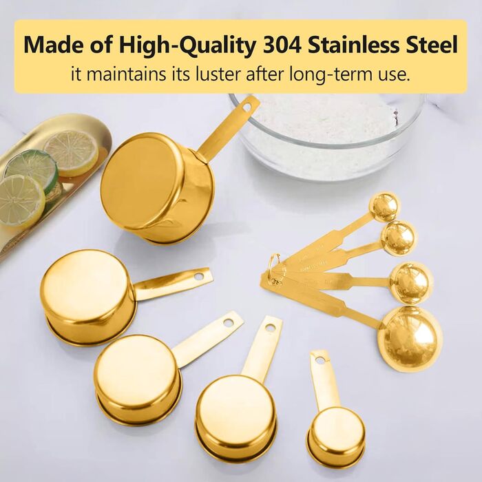 StellarHorizon Measuring Cups and Spoons, 9-Piece Set, Stainless Steel Handles with Metric and US Measurements, Gold-Polished Finish, for Dry and Liquid Ingredients, Measuring Cups for Cooking and Baking