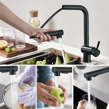 Змішувач кухонний Rozin для мийки, чорний матовий, з висувною лійкою, поворотний 360°, 2 режими, для кухні