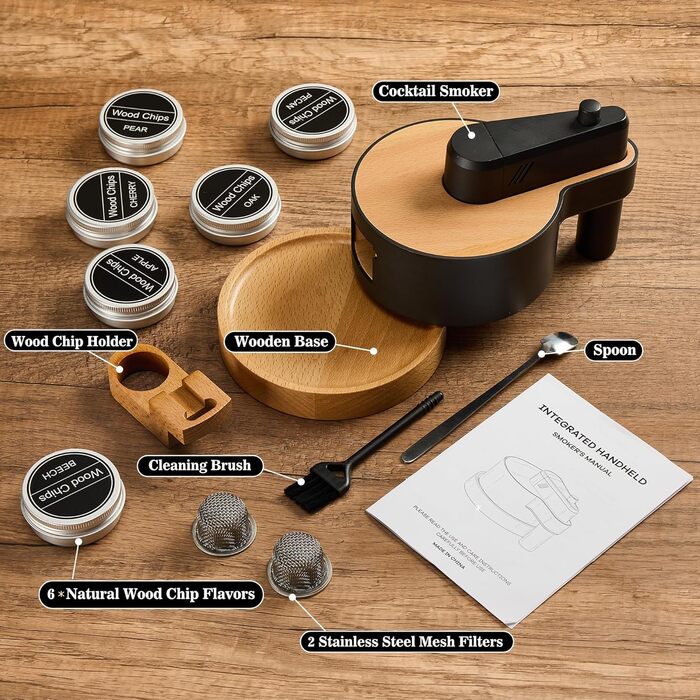Набір для копчення віскі: 6 видів тирси, дубовий smoker з основою, 2 металеві фільтри, комплект для віскі та Old Fashioned, подарунок для чоловіків (без бутану)