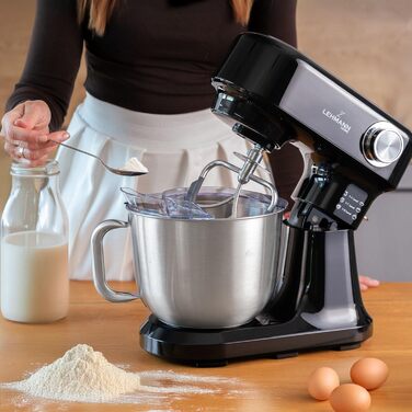 Кухонний комбайн-міксер LEHMANN з набором аксесуарів, 1500 Вт, 12 швидкостей, чаша 5 л, захист від перегріву, планетарний міксер з 3 насадками та захистом від бризок, чорний