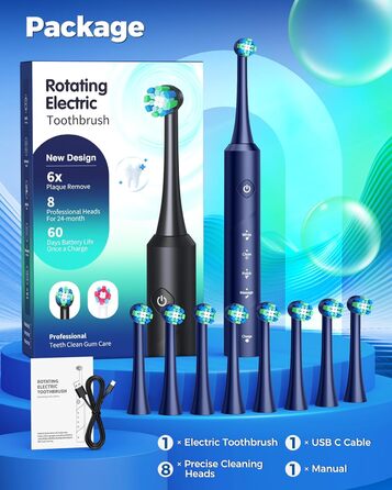 Електрична зубна щітка Rotierende для дорослих з 8 насадками, 4 режими чищення, 60 днів роботи, Smart-таймер 2 хв - професійна електрична зубна щітка (синя)