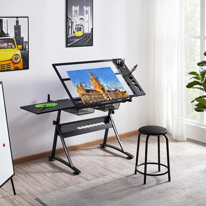 Yaheetech Adjustable Height Drafting Table Set with Tilt-Top, Storage & Stool - Drawing/Art Desk for Artists - Black