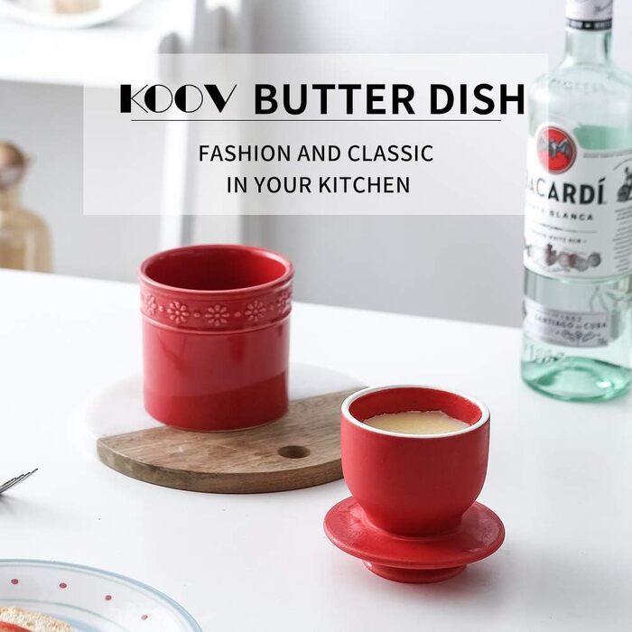 KOOV Ceramic Butter Top for Countertop, French Butter Dish, Large Capacity, Daisy Series (red)
