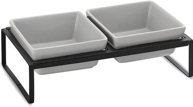 Сіра миска для кота з піднятим краєм - подвійна керамічна миска проти блювоти, легко миється, 2 x 480 мл, сірий колір