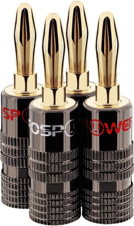 Bananstecker FosPower для акустичних кабелів: 2 пари (4 шт.) з покриттям 24K, для сабвуферів та стінних панелей. High-End