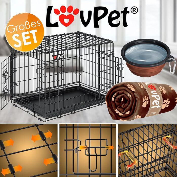 Складана переносна клітка для собак з підкладкою з флісу та мискою. Переноска для собак з 2 дверцятами, 92,5 x 57,5 x 64 см, чорна