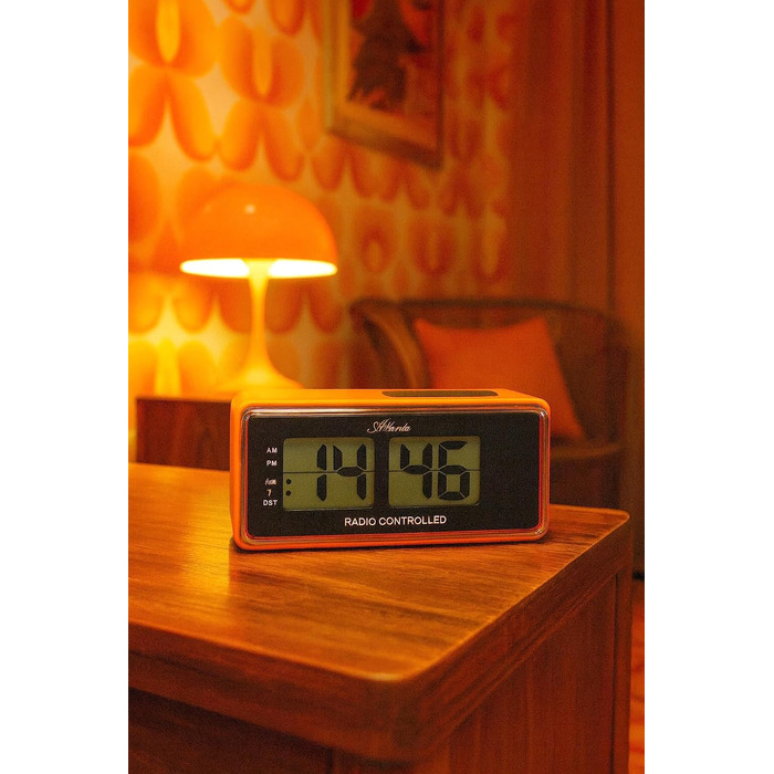 Цифровий радіо-будильник Atlanta з LCD-дисплеєм, функцією Snooze та підсвіткою, ретро-дизайн, безшумний (без тікання), помаранчевий — 1881-12