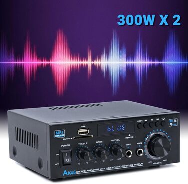 NEOHIPO HiFi-усилювач AK45 Mini, Bluetooth стерео аудіоусилювач 400Вт, 2-канальний, цифровий, з FM-радіо, SD/USB, для дому або авто, чорний