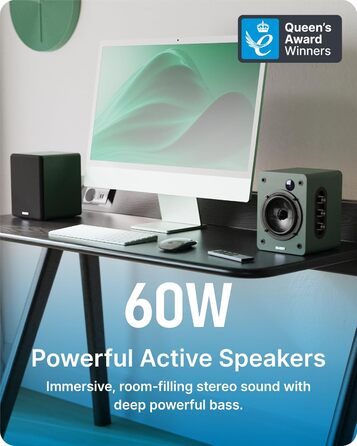 Активні колонки Majority D50X | 60W, Bluetooth 5.3, HDMI ARC, AUX | Hi-Fi стерео система для ПК та дому | Студійний монітор з вуфером з вуглецевого волокна (Зелений)