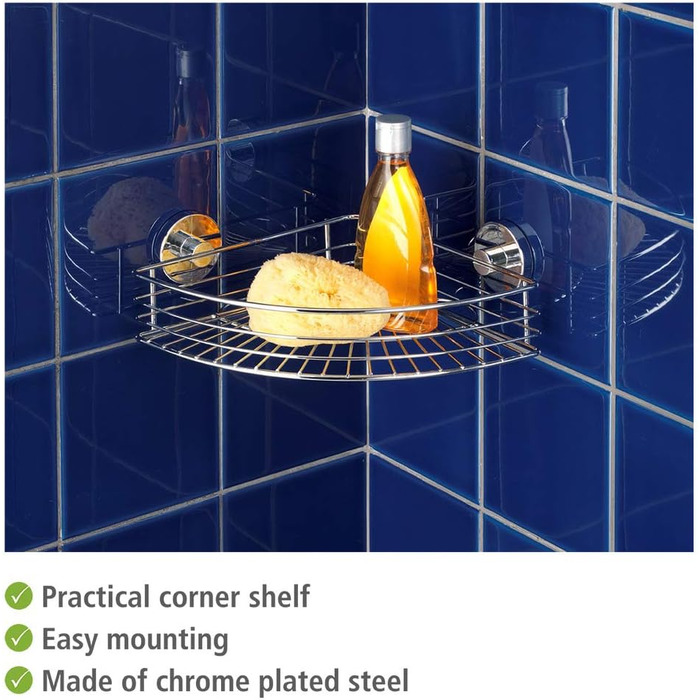 WENKO Vacuum-Loc Corner Shelf Bari, Corner Wall Shelf, Mounting without Drilling with Vacuum, Chrome-plated Metal, 35 x 9 x 22.5 cm