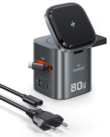 Зарядний пристрій Toocki 80W GaN з USB-C та USB-A, 6 портів, з вбудованим кабелем та MagSafe для MacBook, iPhone 17 Pro Max, Galaxy S24 та інших пристроїв