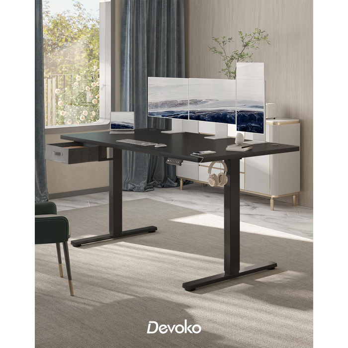 Devoko Height Adjustable Standing Desk 160x80cm with Drawers, USB Charging Port, Cable Management Tray, and Memory Function - White