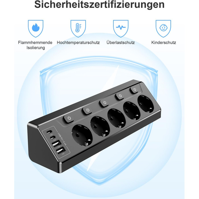 Розподільник розеток з незалежним вимикачем, мережевий фільтр з 4 USB (2 USB-C) + 5 розеток з дитячим захистом, 3680W, 2м подовжувач для кухні, офісу, дому (чорний) 5 розеток Чорний - Розподільник розеток