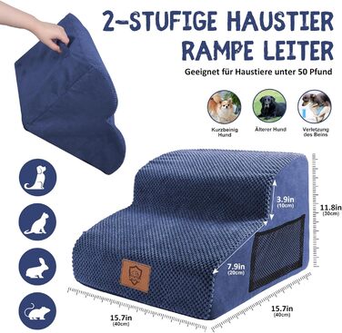 Dog Stairs, Pet Stairs, Foam Dog Stairs, Washable Non-Slip Cat Stairs, Dog Stairs for Small Dogs and Cats, Portable Dog Ramp for Bed, Couch and Car (2-Step Dog Stairs, Blue)