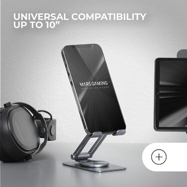 Підставка для ноутбука та планшета Mars Gaming MA-RSN до 17 дюймів, регульована висота, кут нахилу, 360° обертання, сталева конструкція, неслизькі підкладки, складна та портативна, срібна