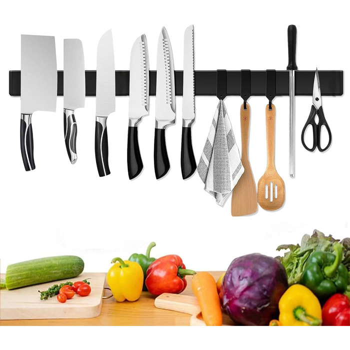 Improved 60cm Trhillsbrad Magnetic Knife Strip, 60cm Magnetic Knife Holder with 3 Hooks, Stainless Steel Knife Rail Self-Adhesive, Black Wall Mount Magnetic Strip No Drilling Knife Holder