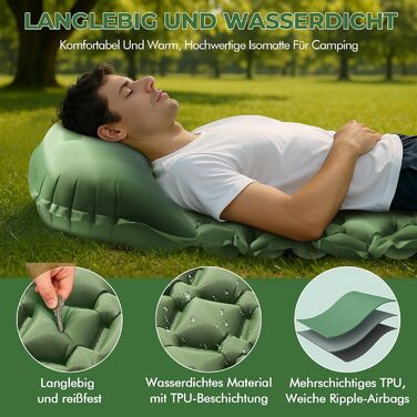Надувний килимок для кемпінгу самонадувний Ultraleichte 195x60 см з вбудованою подушкою та помпою, водонепроникний, зелений