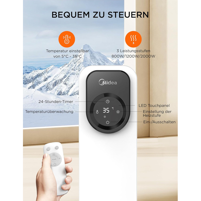Масляний радіатор Midea NY2009-24UR, електрообігрівач на 9 секцій з дистанційним керуванням, LED-екраном, термостатом, 4 режими, захист від перегріву і перекидання, тиха робота, 2000 Вт