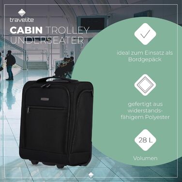 Чемодан ручної поклажі Travelite, 43 см, 28 л, з сумкою для ліквідів, 2 колеса, чорний