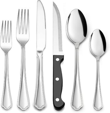 Herogo Cutlery Set for 6 People, 36-Piece Stainless Steel Cutlery Set with Steak Knives, Polished Eating Cutlery Set with Fork, Knife, Spoon for Home Restaurant, Dishwasher Safe (Modern)